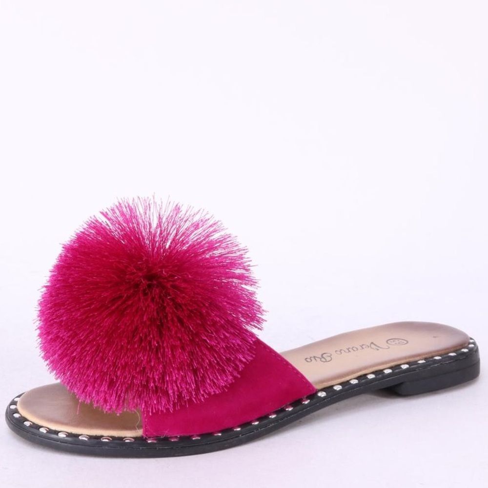 Restocked! Verano Rio Fuchsia Pink Pom Silver Stud Slip-On Mule Sandal